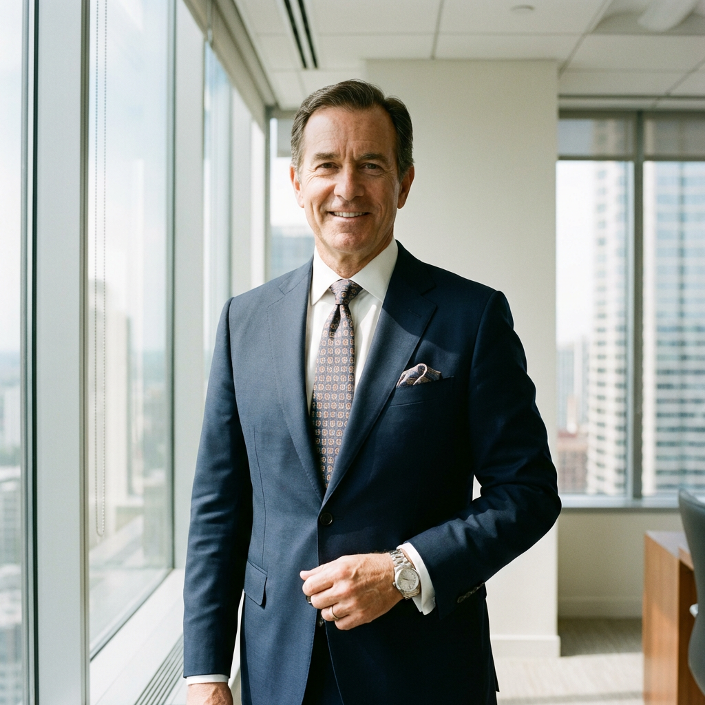 Professional man in a navy suit standing in a modern high-rise office.