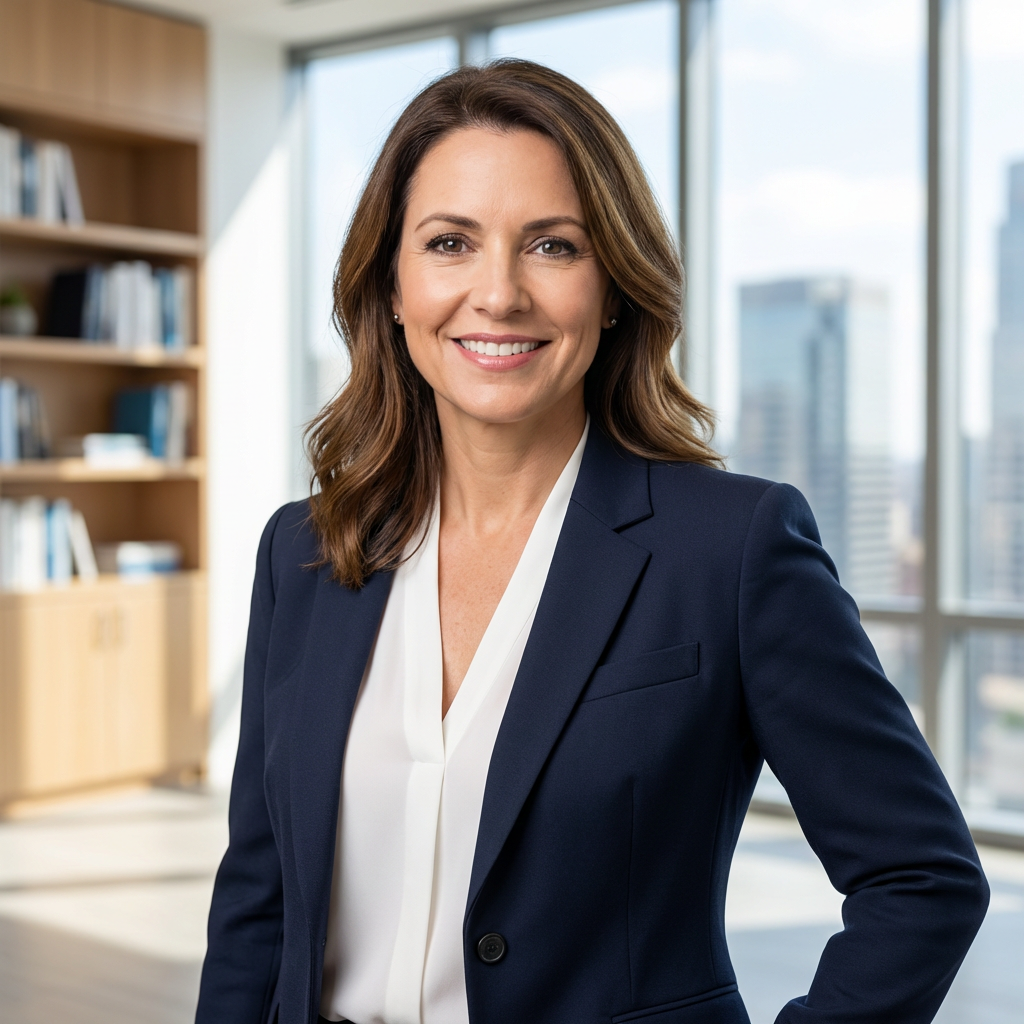 Smiling professional woman in a navy blazer standing in a modern office.