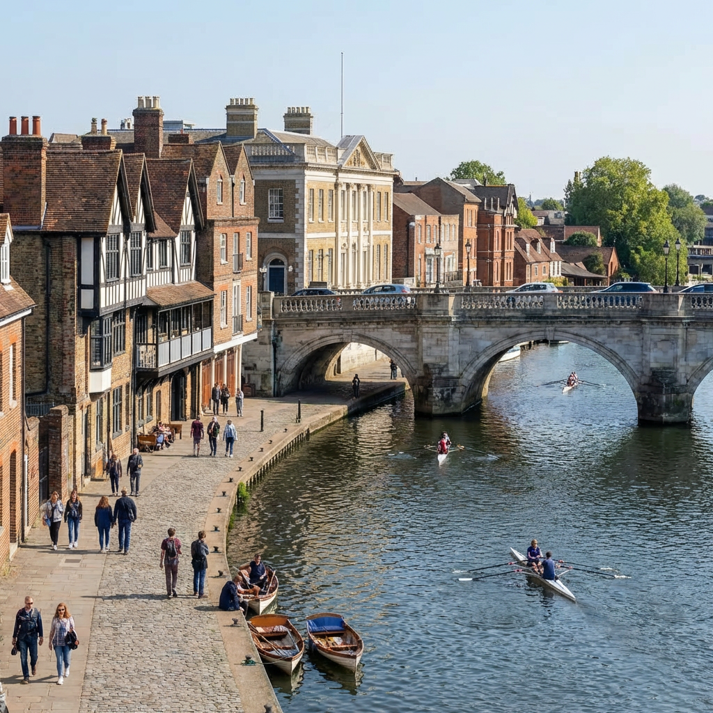 Rowers on a river passing a stone bridge and historic timber-framed buildings.